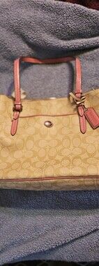 Coach Signature Tote in Khaki with Pink Trim
